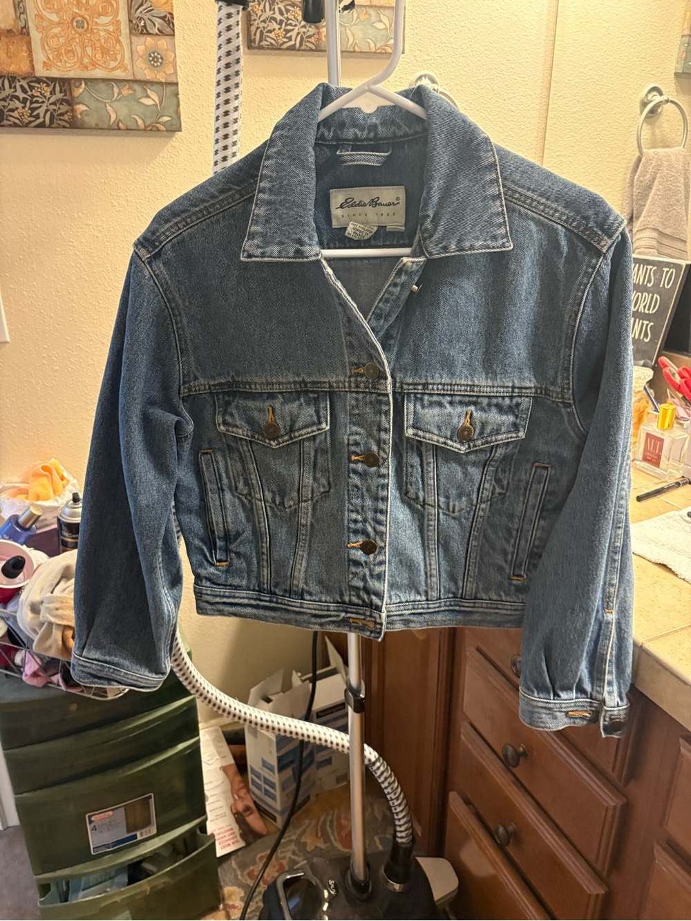 Eddie Bauer Women’s Petite Denim Jacket S/P Faded Distressed Trucker Jean Jacket